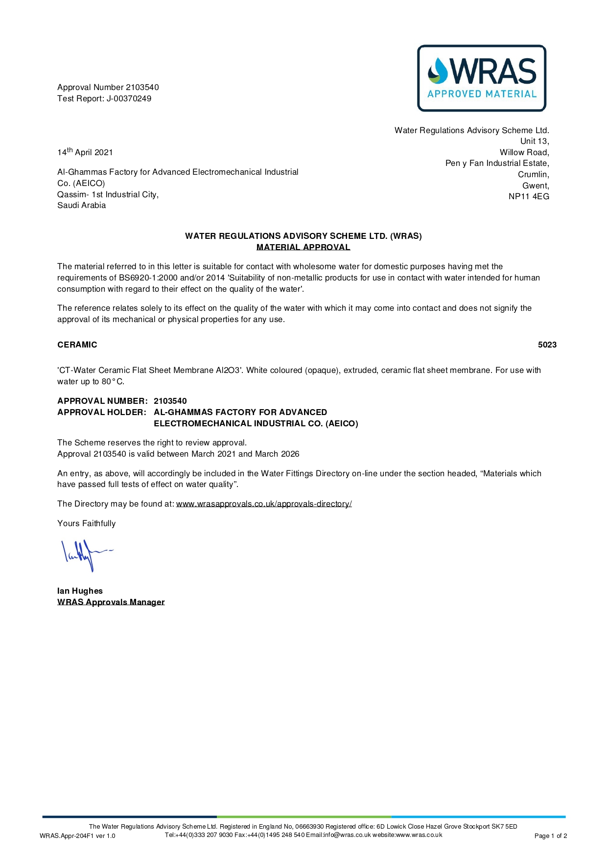 WRAS Material Approval (Approval No. 2103540)