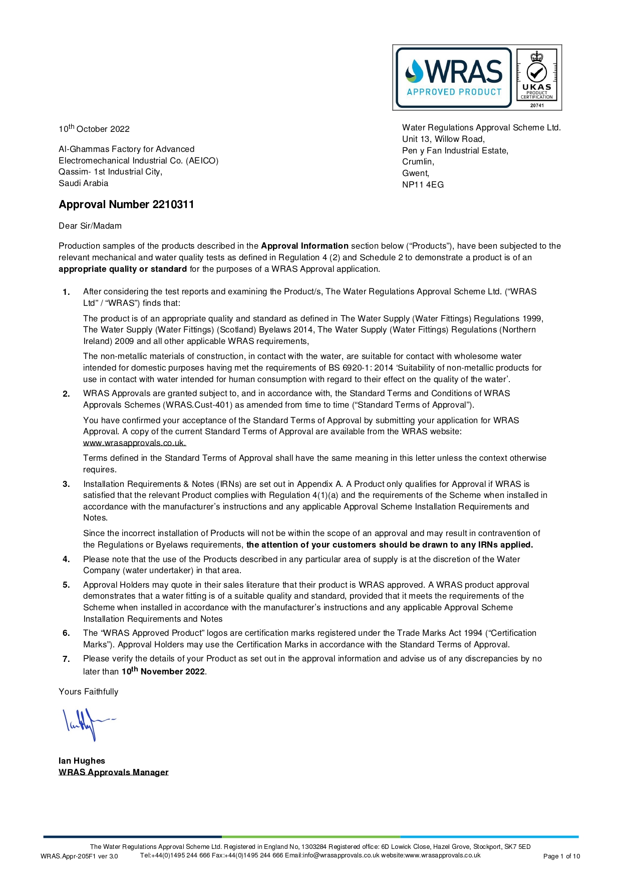 WRAS Certificate for Water Safety & Quality Compliance